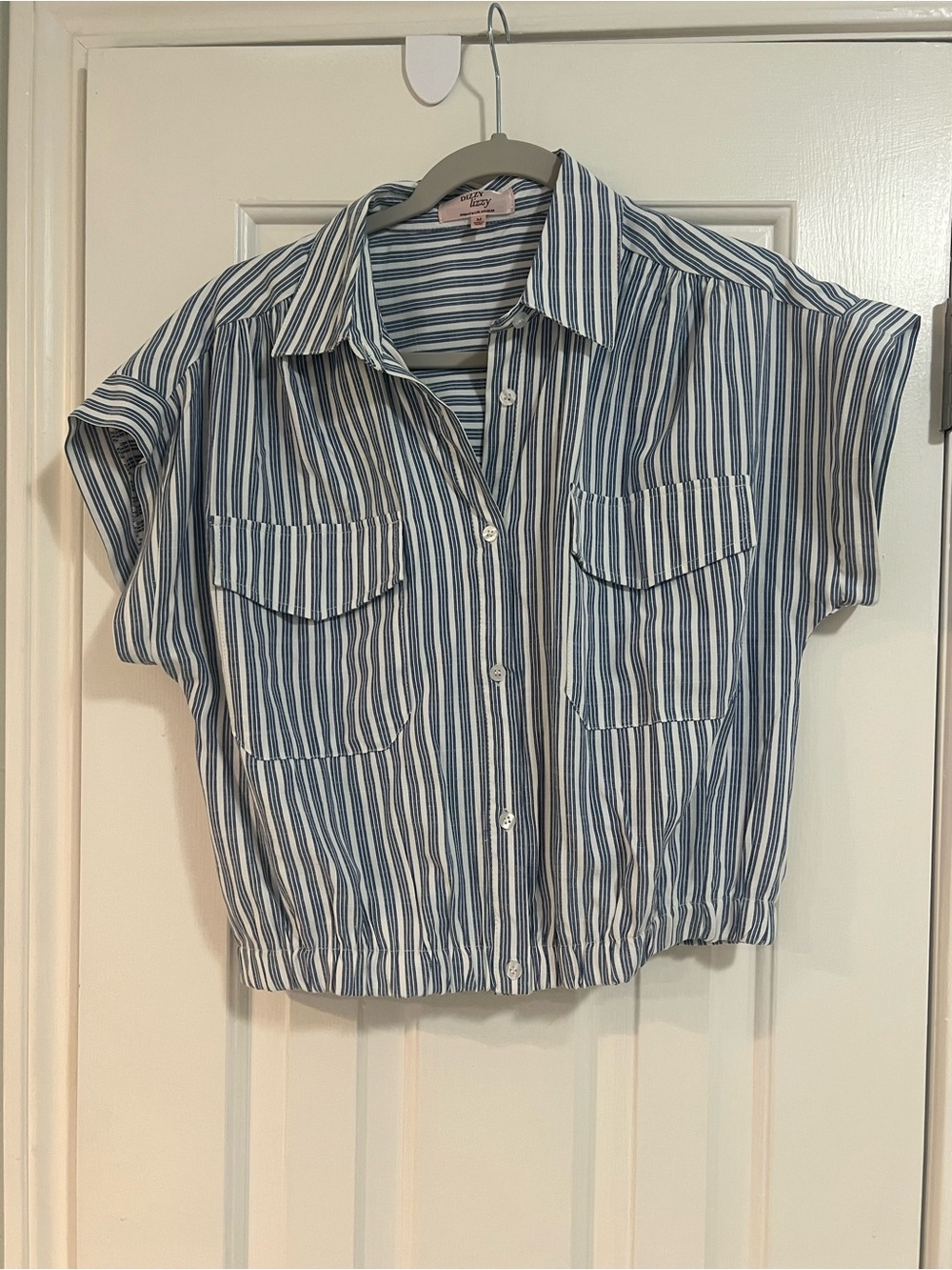 Striped Button-Up Crop Shirt in Blue and White- smocked bottom